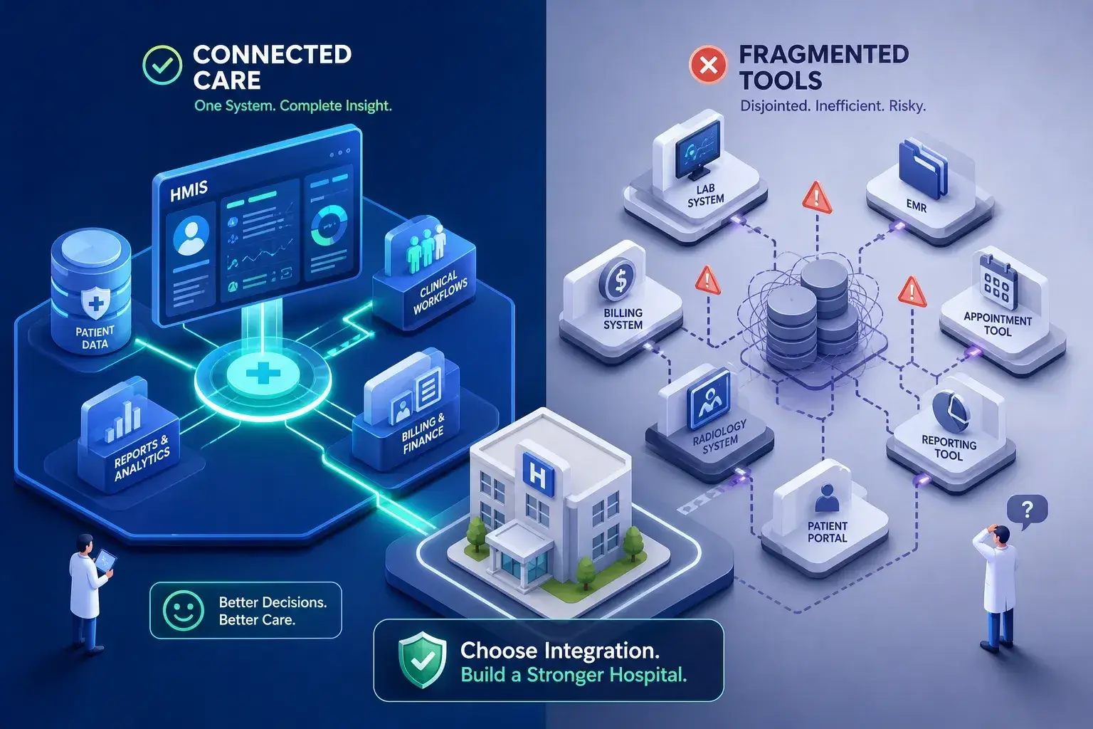 Illustration comparing connected care, where one HMIS links patient data, clinical workflows, reports and billing, with fragmented tools such as separate lab, EMR, billing, radiology, appointment and reporting systems
