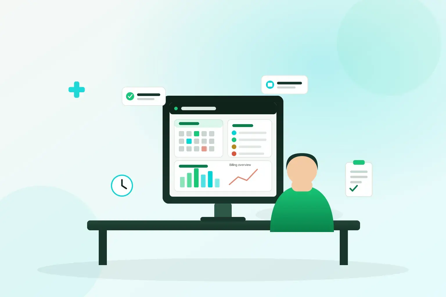 Medical practice management software for doctors and clinics, shown as a dashboard with scheduling, patient and billing panels