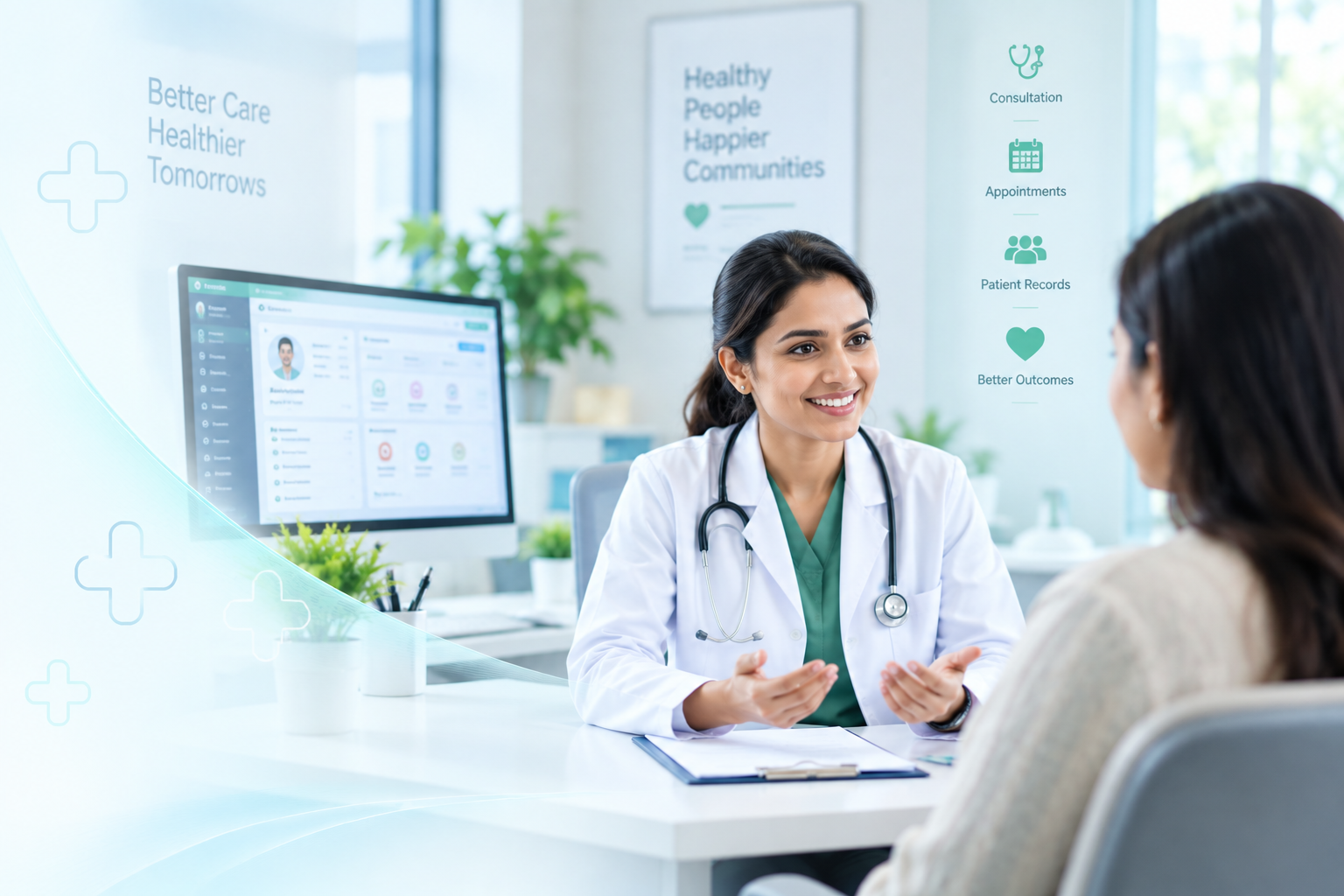 Doctor consulting a patient beside a screen showing Nalam clinic management system software with patient records