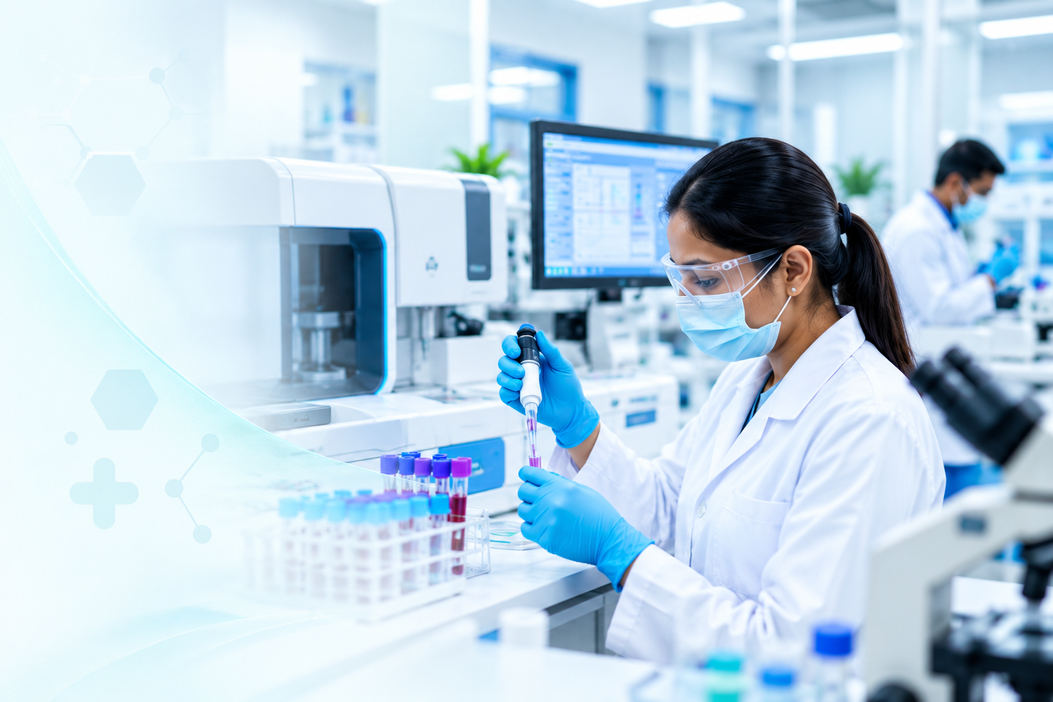 Laboratory technician pipetting a sample beside a lab analyzer, illustrating Nalam laboratory management system software for sample processing